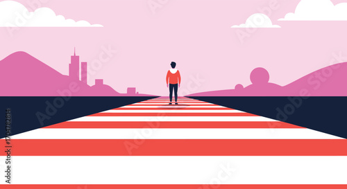 A solitary figure stands at the beginning of a long path stretching towards a city skyline.