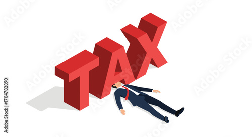 A man lies defeated beneath the enormous red letters spelling out TAX.