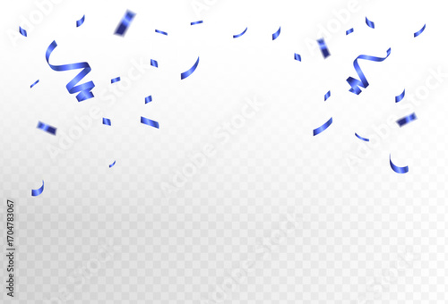 Festive celebration background featuring falling confetti blue and shiny serpentine ribbons, isolated on a transparent layer for easy use