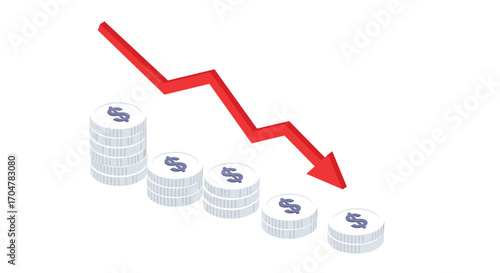 Financial downturn and stock market decline illustrated by decreasing coin stacks and a red arrow pointing downwards.