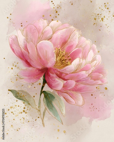 Delicate pink peony with watercolor haze, Chinese Gongbi style floral art, elegant botanical illustration, romantic wedding invitation, luxury packaging design