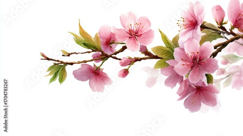 Graceful pink cherry blossom branch with watercolor effect, minimalist floral composition, elegant spring design, soothing wall art, commercial branding background