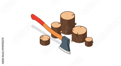 An axe rests on a pile of freshly cut logs and wood pieces.
