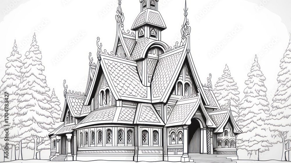Fototapeta premium Ornate wooden building illustration