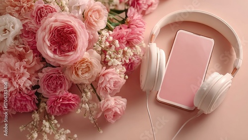 Pink Aesthetics with Roses and Headphones