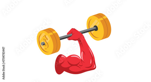 A muscular red arm lifting a heavy barbell with gold weights.