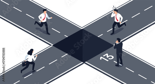 Business professionals navigating a complex intersection of decisions and opportunities.