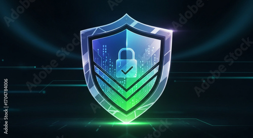 Digital shield with padlock and checkmark, symbolizing cybersecurity and data protection in a modern design