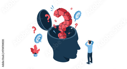 A broken question mark inside a human head symbolizing confusion and uncertainty.