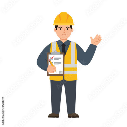 A friendly male construction worker, dressed in a yellow hard hat and reflective safety vest, confidently holds a checklist while greeting viewers.