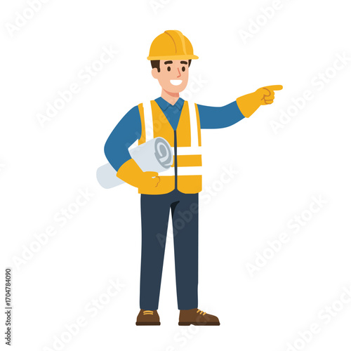 A cheerful male construction worker wearing protective gear and holding blueprints confidently points towards a future project, symbolizing guidance and safety in the industry.