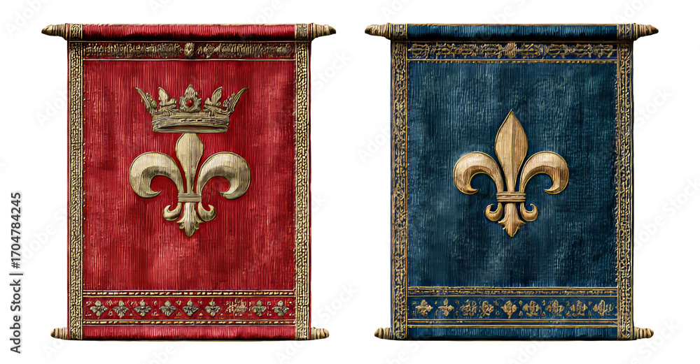 Fototapeta premium Elegant Decorative Scrolls with Crown and Fleur-de-Lis Symbols