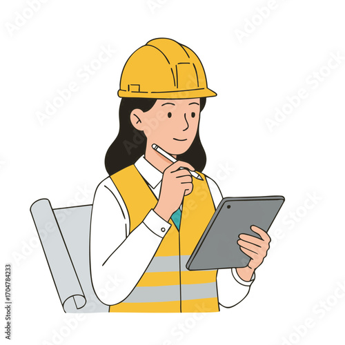 A professional female engineer, wearing a hard hat and safety vest, thoughtfully examines digital plans on a tablet, embodying modern construction project management.