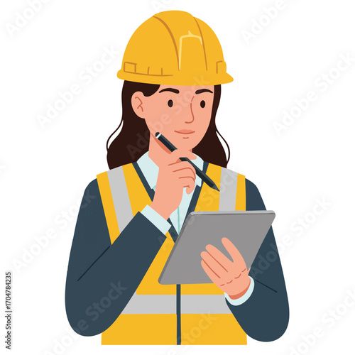 A diligent female engineer wearing a safety hard hat and reflective vest thoughtfully reviews plans on her digital tablet, symbolizing professional expertise and site management.