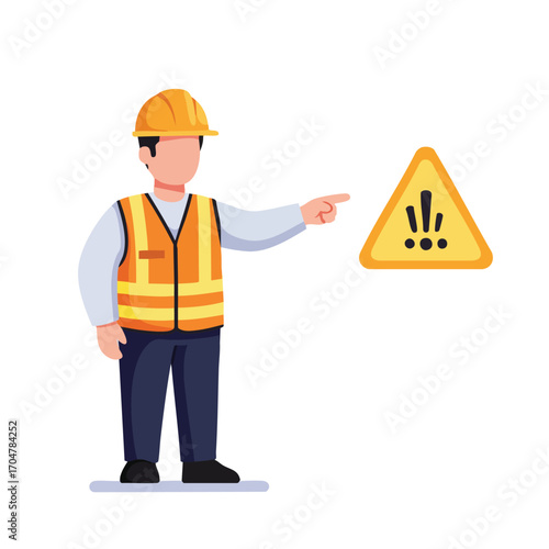 A worker in a hard hat and safety vest points to a yellow warning sign, emphasizing the importance of hazard awareness and workplace safety.