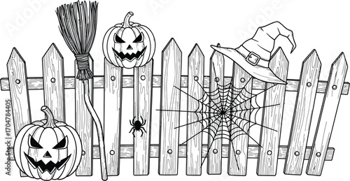 Spooky Halloween fence with jack-o'-lanterns, witch hat, broom, and spiderweb
