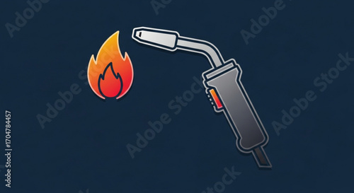 Illustration of a welding torch with flame on dark blue background for industrial and manufacturing presentation use