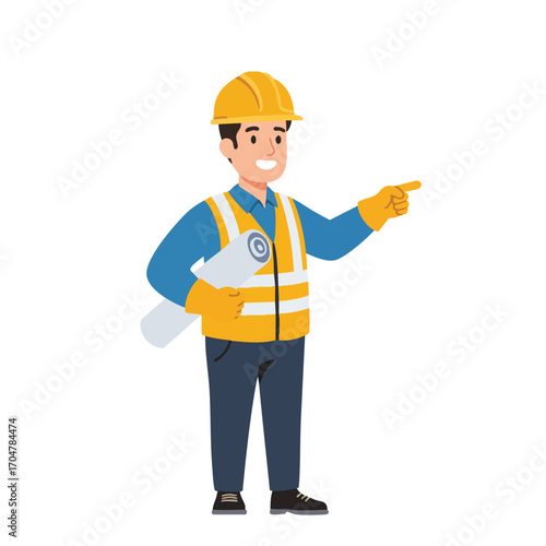 A friendly male construction worker in a yellow hard hat and safety vest holds rolled blueprints, pointing to convey professional guidance and project direction.