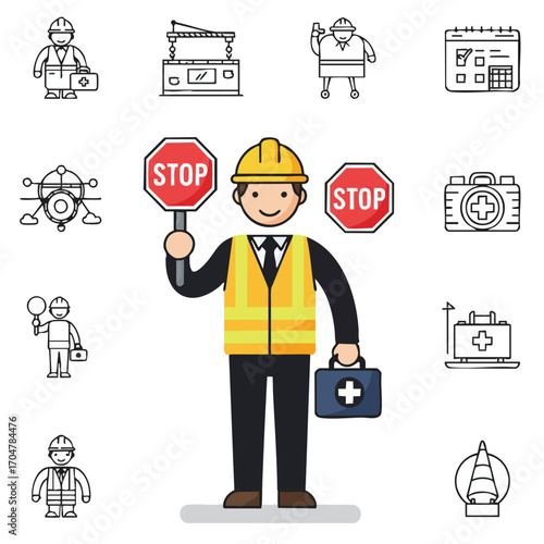 A friendly cartoon construction worker in a safety vest holds a stop sign and first aid kit, surrounded by various essential building site line icons.
