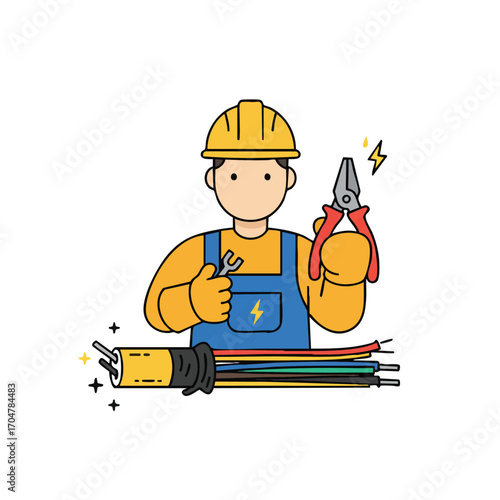 A cartoon electrician, wearing a yellow hard hat and blue uniform, confidently holds pliers and a wrench, prepared to manage colorful electrical wires.