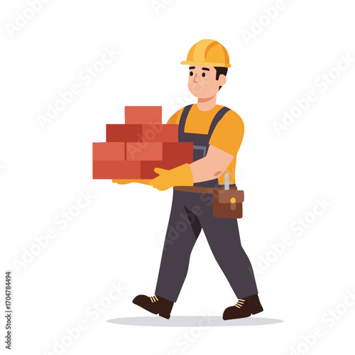 A dedicated construction worker, donning a yellow hard hat and protective gloves, carefully transports a pile of red bricks for an important building project.