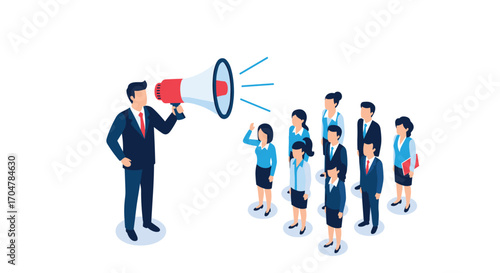 A leader uses a megaphone to address a group of attentive employees during a team meeting.