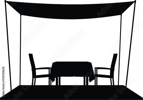 Cozy outdoor dining setup for two under a canopy, ready for a romantic meal.