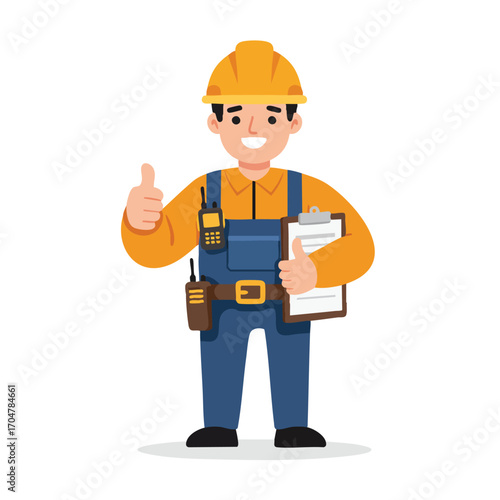 A smiling male construction worker, wearing a hard hat and blue overalls, confidently gives a thumbs-up, representing excellent service, safety, and job approval.