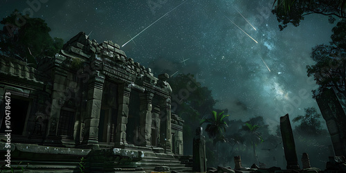 Ancient temple ruins emerge from a mystical jungle under a starry, cosmic night sky.