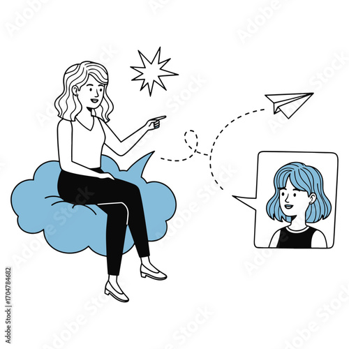 Conceptual illustration of remote communication with a woman on a cloud sending a paper airplane message to a friend in a chat bubble