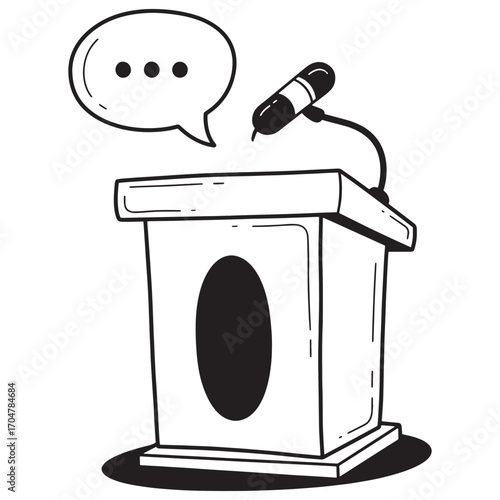 Hand-drawn illustration of a public speaking podium with a microphone and speech bubble for a conference or presentation