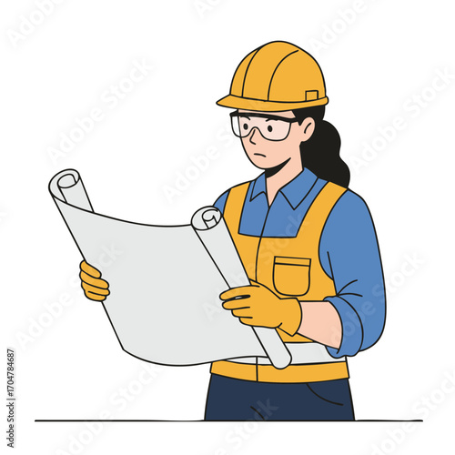 A female engineer or architect in safety gear meticulously examines a detailed blueprint, representing professional construction planning and project management.