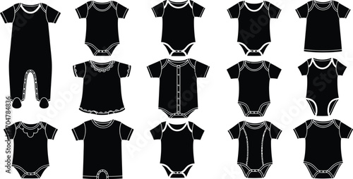 Collection of simple black baby bodysuits and pajamas showcasing various styles