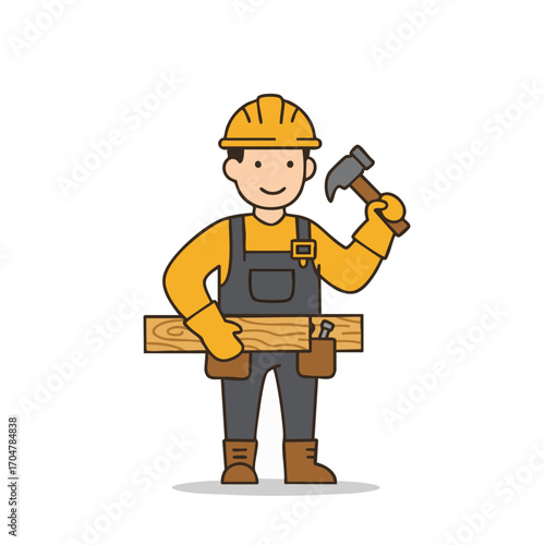 A friendly cartoon construction worker wearing a hard hat and overalls, holding a hammer and a wooden plank, ready for building or carpentry work.