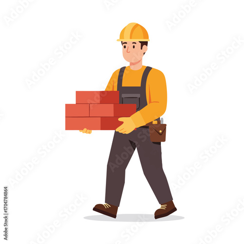 A construction worker in a hard hat and overalls carries a stack of red bricks, symbolizing hard work and building.