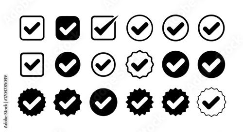 Collection of various black and white check mark symbol icons on transparent background