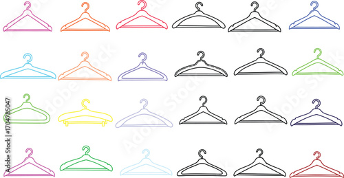 A vibrant collection of colorful clothes hangers arranged in a neat grid, suggesting organization and style.