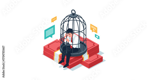 Businessman trapped in a cage on money representing financial burden or debt.