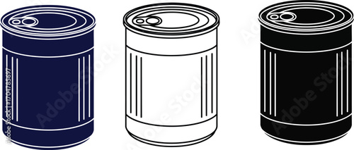 Three diverse tin cans, one blue, one blank white, one black, lined up for storage or food preservation.