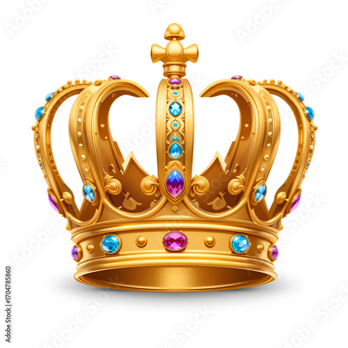 Golden Royal crown vector 3d icon. King or Queen cartoon crown with jewels isolated on white background. Emoji symbol of royalty or luxury