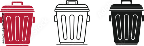 Set of three colorful and black and white trash cans with lids