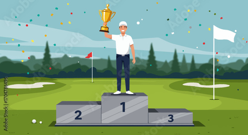 Joyful golf champion stands proudly on the first-place podium, raising a golden trophy amidst falling confetti, celebrating a triumphant win on the course