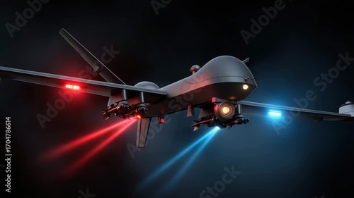 Unmanned aerial vehicle flying night with red and blue lights, equipped with surveillance camera and weapon, advanced drone technology and military aircraft showcasing futuristic flying capabilities