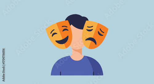 Vector illustration of emotional duality, showing a person with happy and sad theatrical masks. This graphic symbolizes contrasting moods and complex psychological states