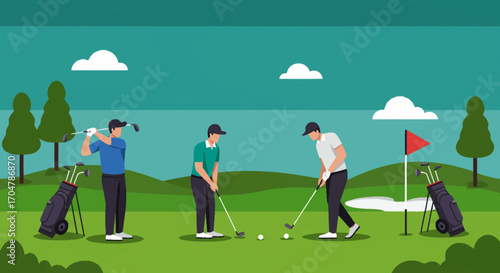 Flat vector illustration of three men playing golf on a green course, enjoying a recreational sports hobby