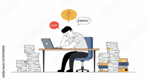 Conceptual illustration of an exhausted office worker experiencing burnout syndrome, depicted with low energy and stress icons above his head