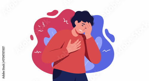Vector illustration of a stressed man suffering from a headache and chest pain, a concept for anxiety, panic attacks, and mental health issues