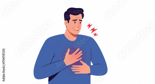 A vector illustration of a man suffering from severe chest pain, a symptom of a heart attack or cardiovascular disease