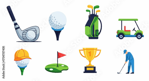 A vibrant set of golf sport equipment and activity icons, including a player, club, ball, and championship trophy. Whisk