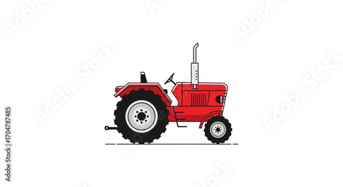 Side view of a red tractor, a symbol of agriculture, farming, and rural life